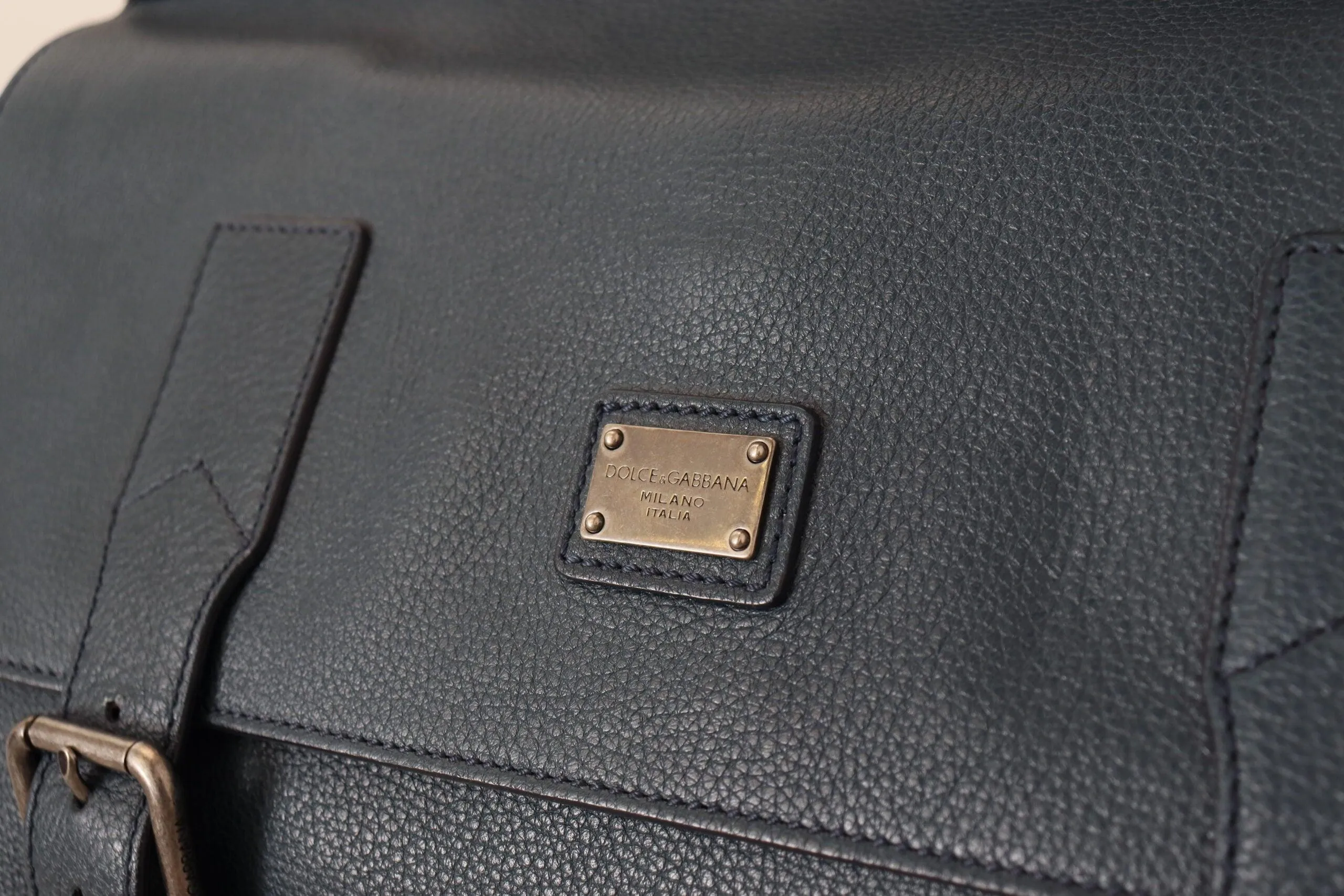 Dolce & Gabbana Blue Leather Logo Plaque Men Travel Work Bag