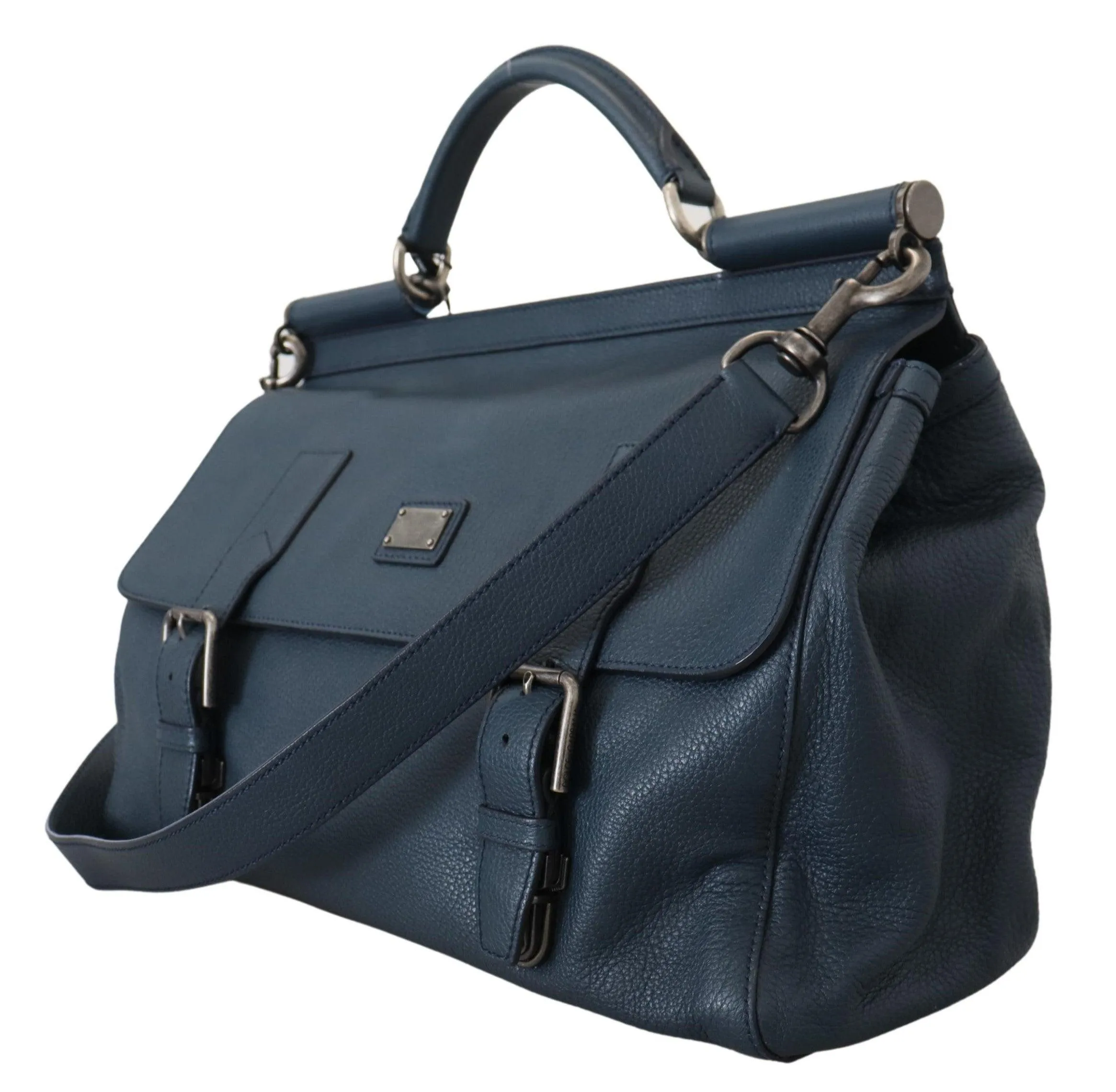 Dolce & Gabbana Blue Leather Logo Plaque Men Travel Work Bag