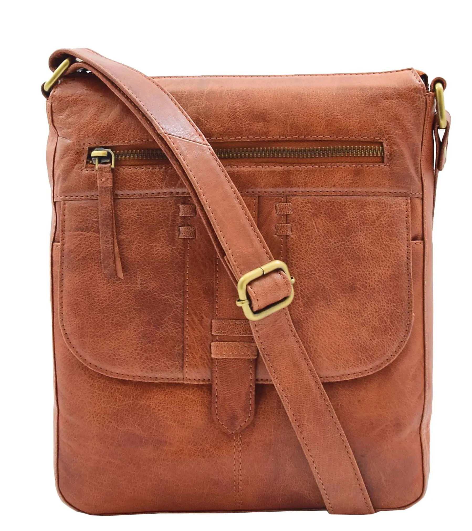 DR344 Women's Leather Cross Body Messenger Bag Cognac