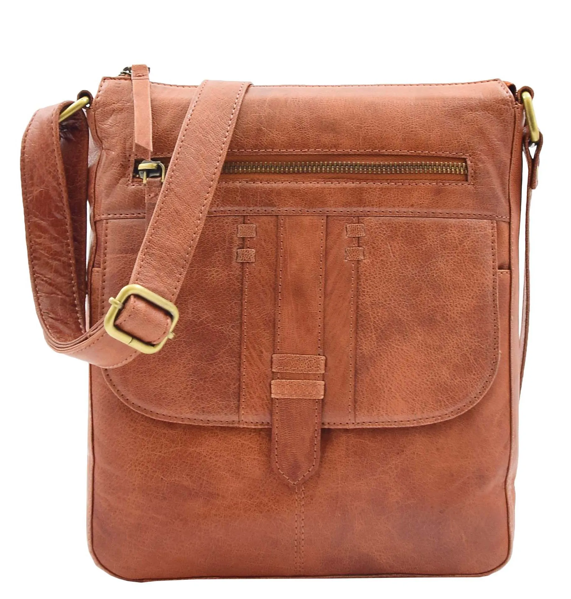 DR344 Women's Leather Cross Body Messenger Bag Cognac