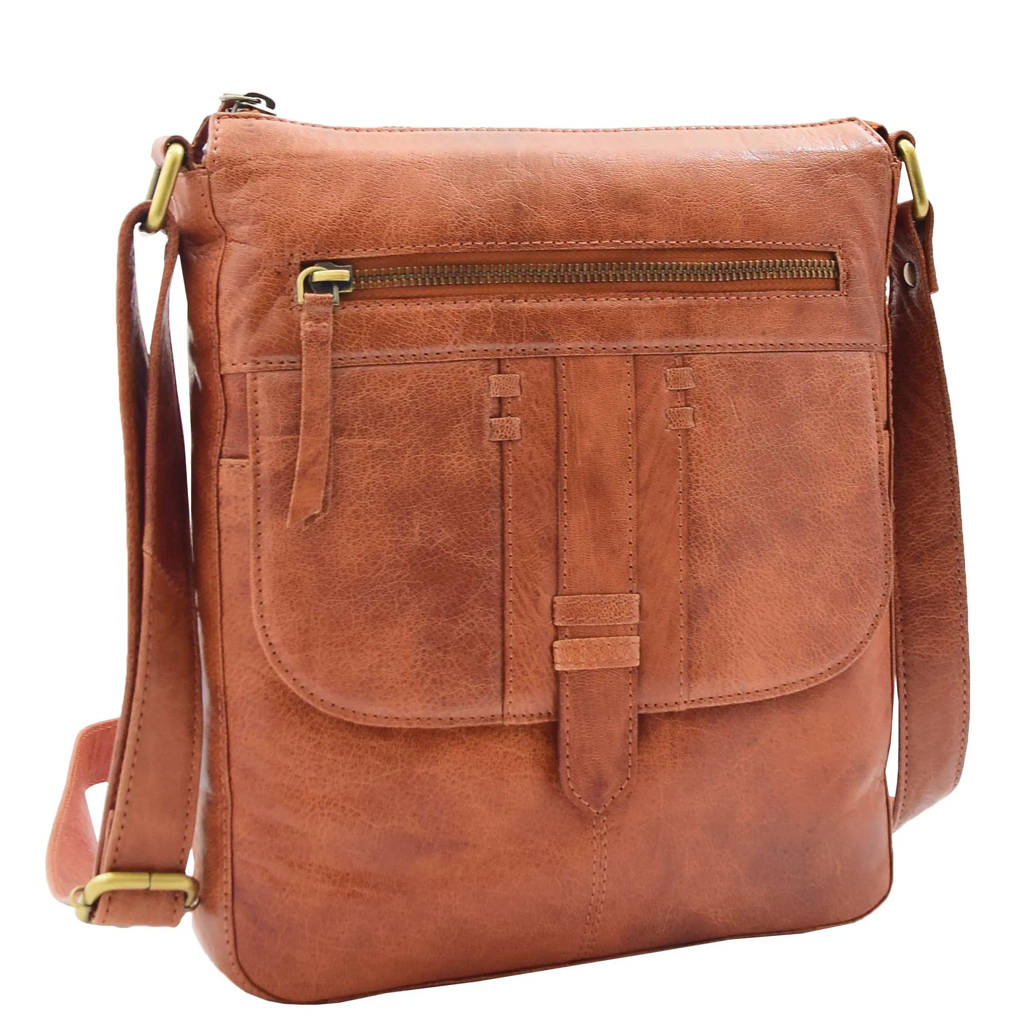 DR344 Women's Leather Cross Body Messenger Bag Cognac