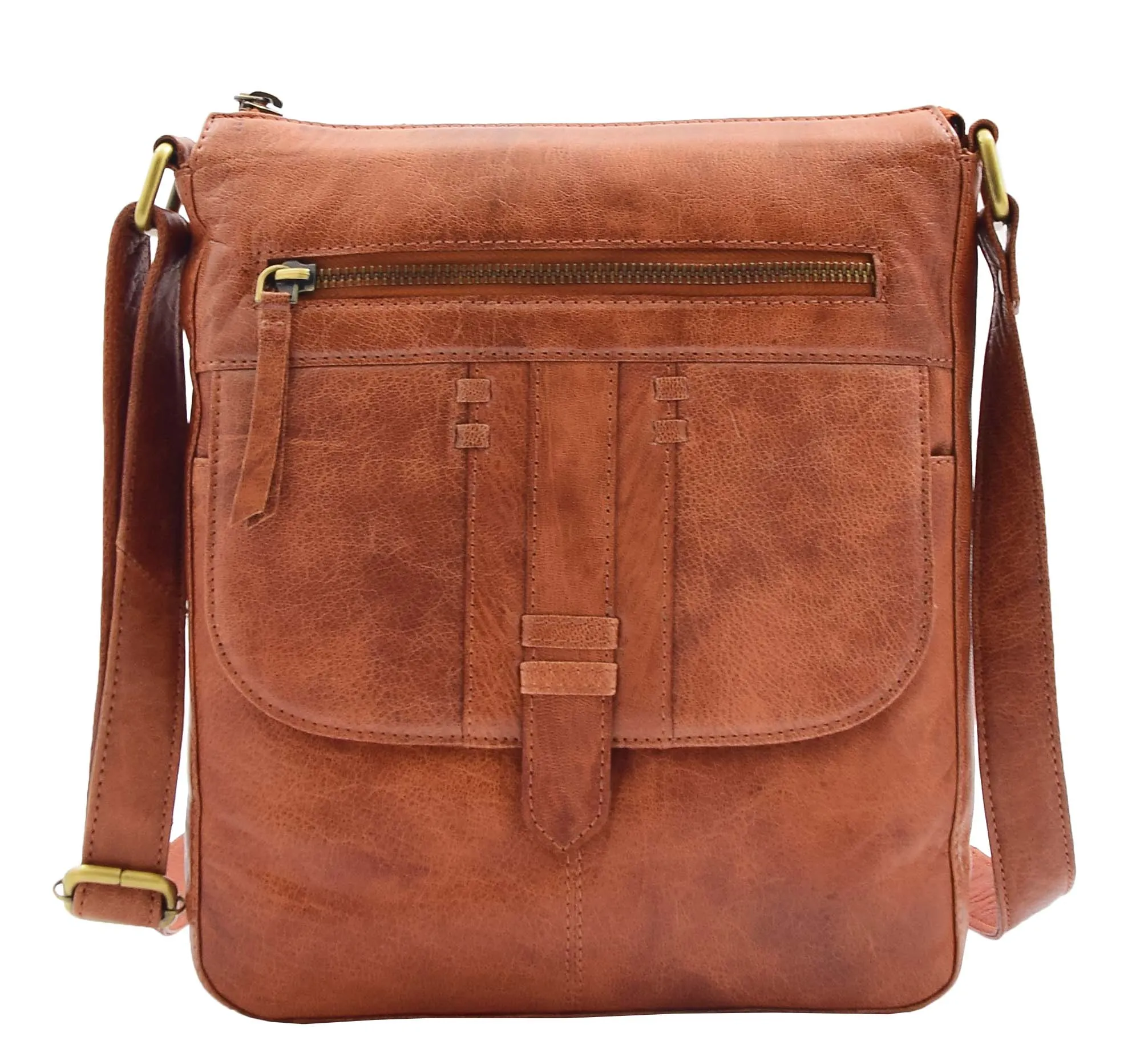 DR344 Women's Leather Cross Body Messenger Bag Cognac