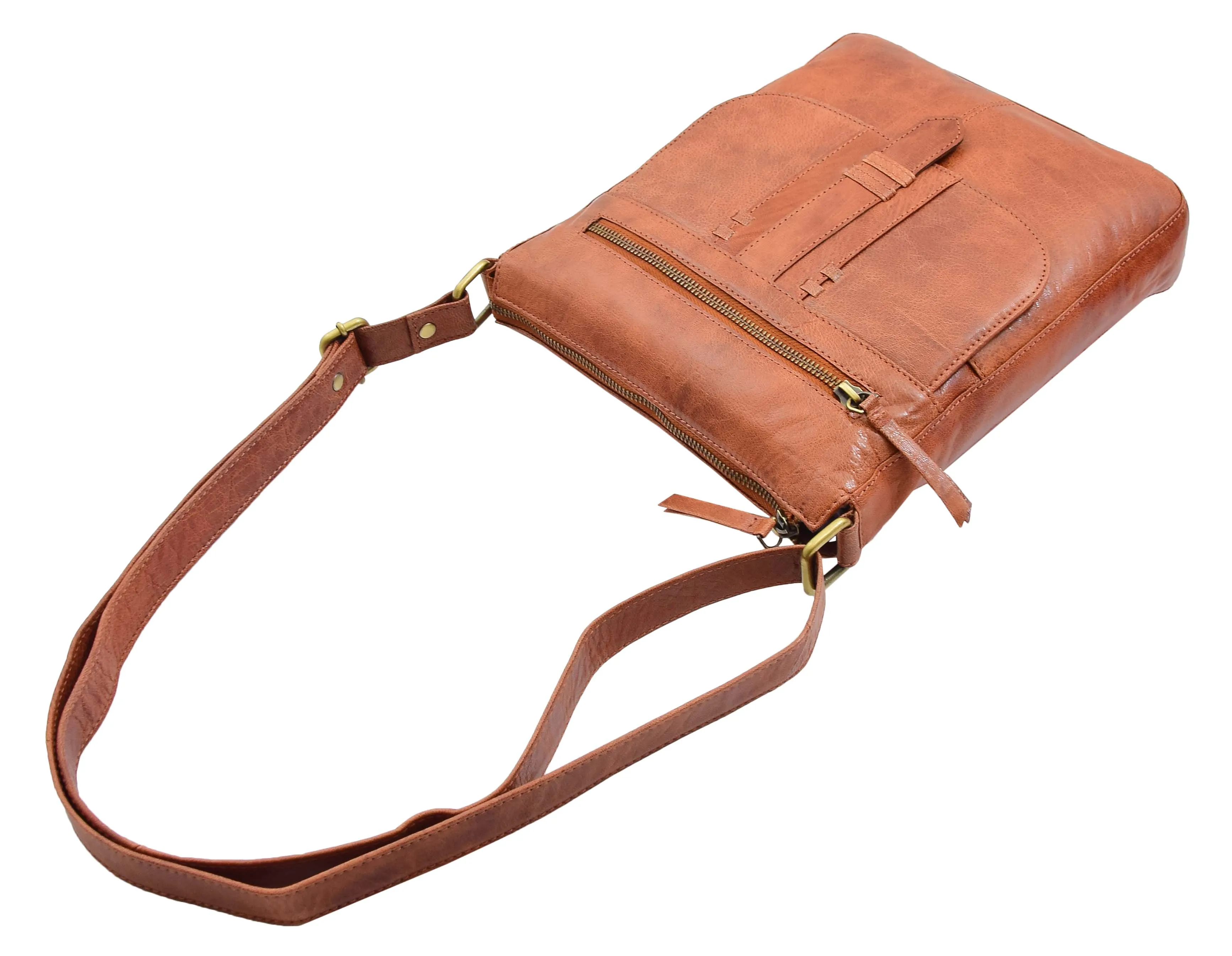 DR344 Women's Leather Cross Body Messenger Bag Cognac