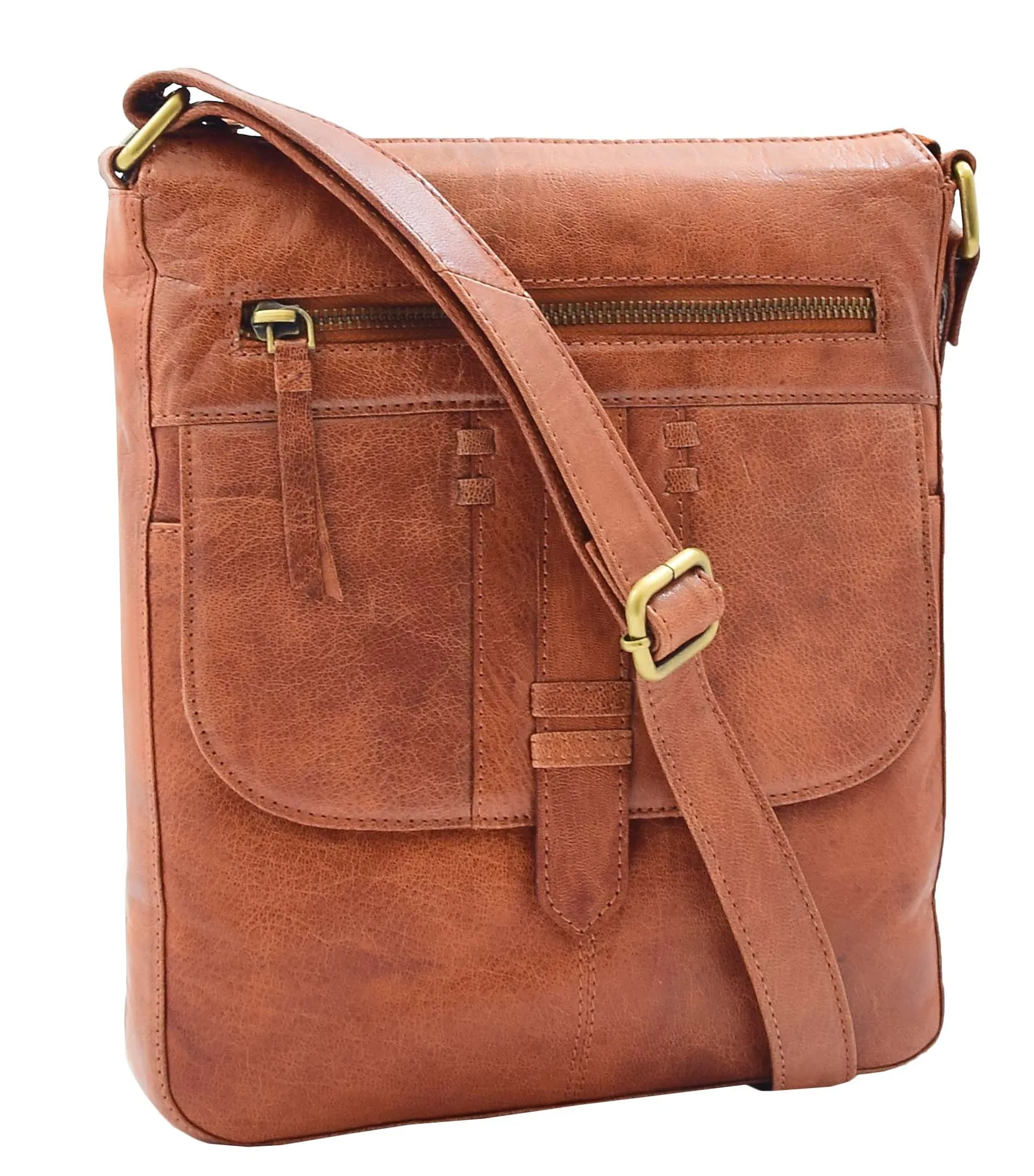 DR344 Women's Leather Cross Body Messenger Bag Cognac