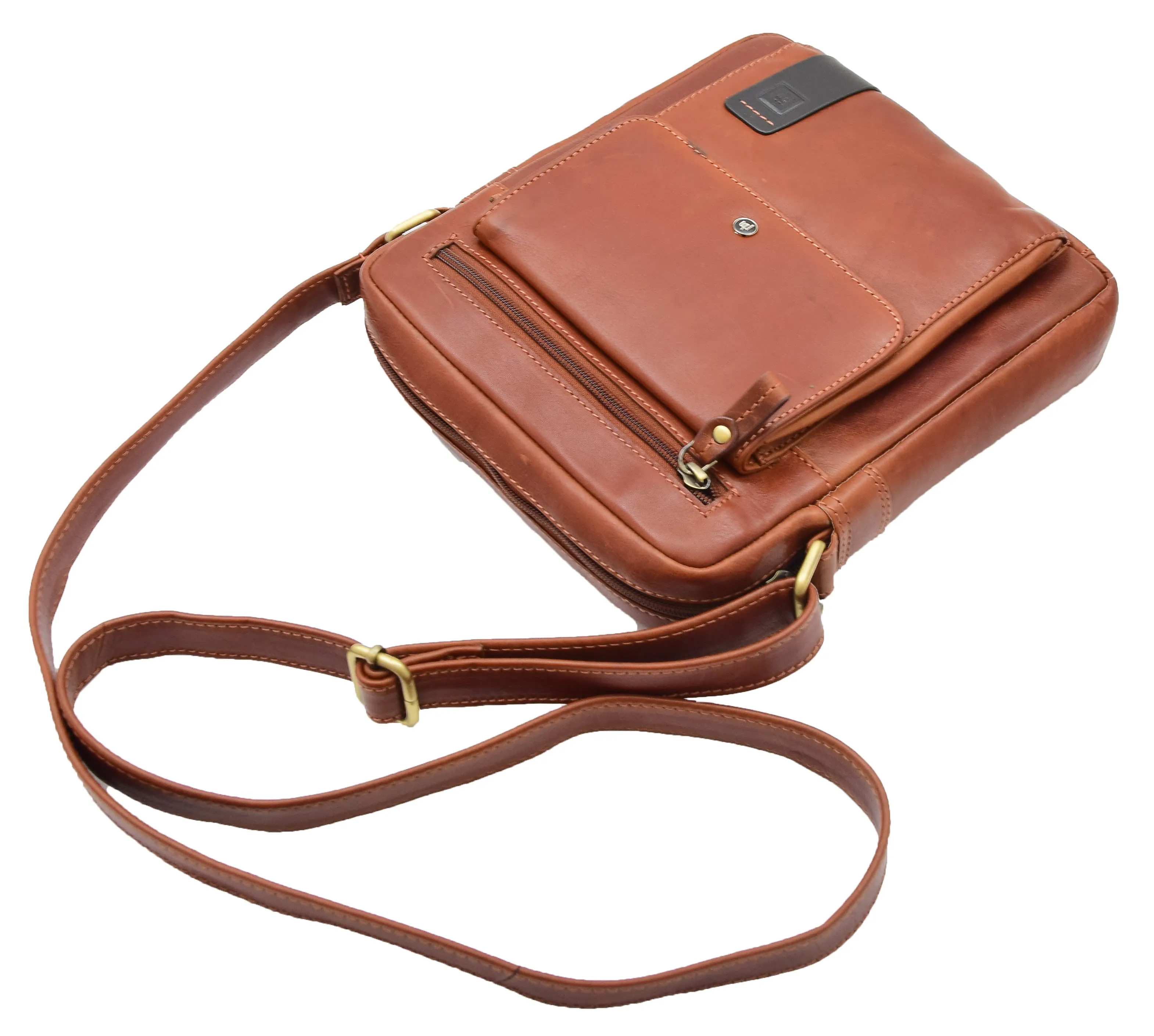 DR359 Men's Leather Cross Body Travel Organiser Bag Chestnut