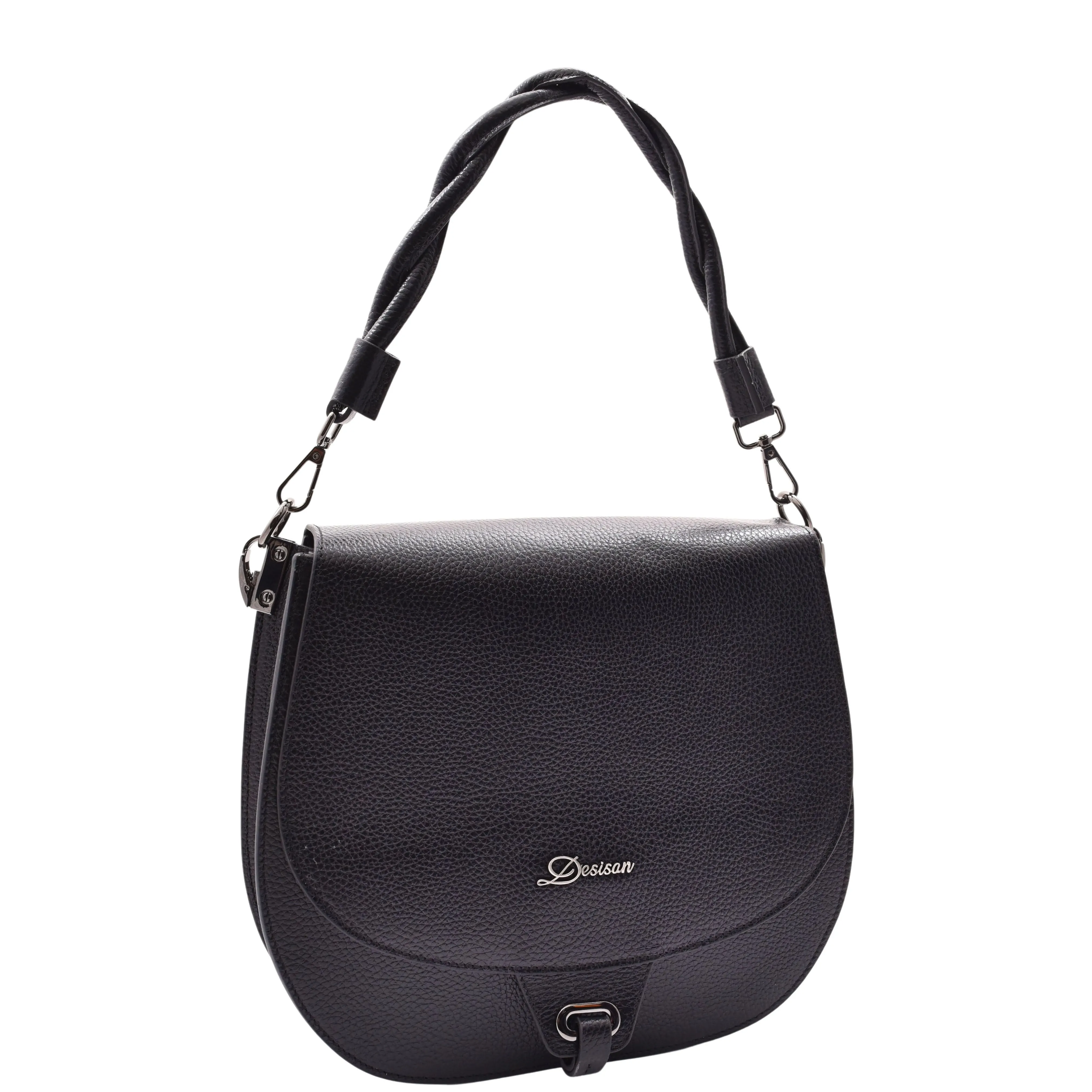 DR581 Women's Real Leather Twist Handle Shoulder Bag Black