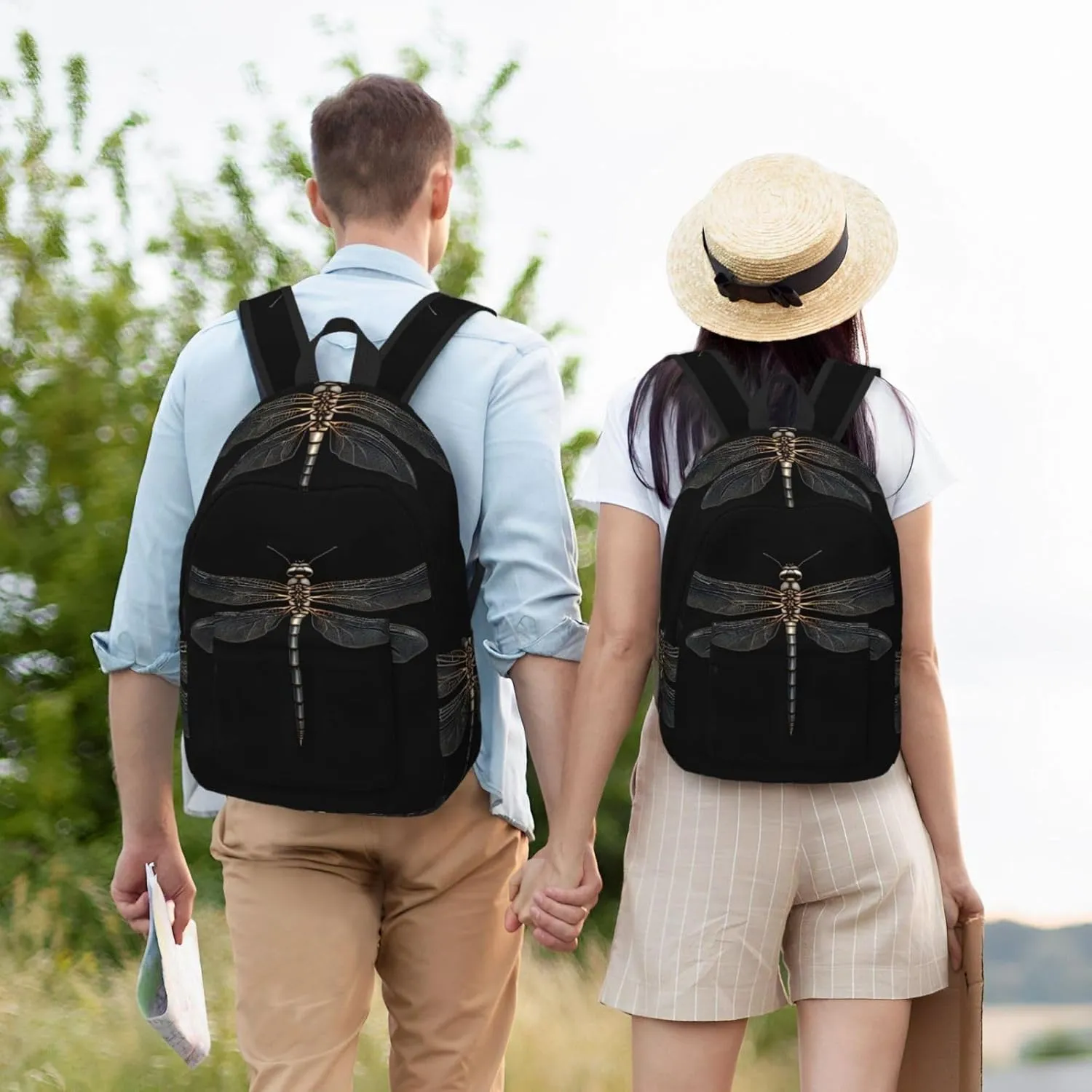 Dragonfly Black Print Canvas Backpack Women,Mens Travel Casual Daypack Bookbag For Laptop Work Travel Hiking