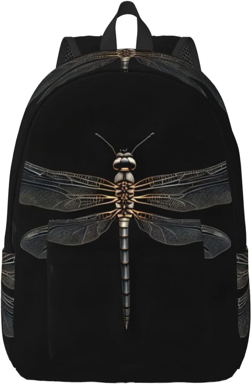 Dragonfly Black Print Canvas Backpack Women,Mens Travel Casual Daypack Bookbag For Laptop Work Travel Hiking