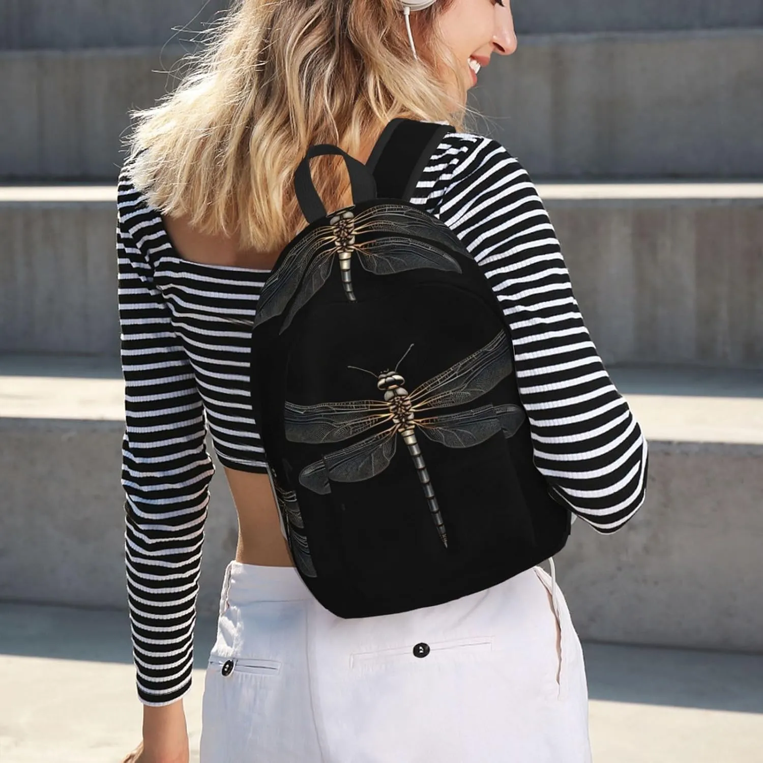 Dragonfly Black Print Canvas Backpack Women,Mens Travel Casual Daypack Bookbag For Laptop Work Travel Hiking