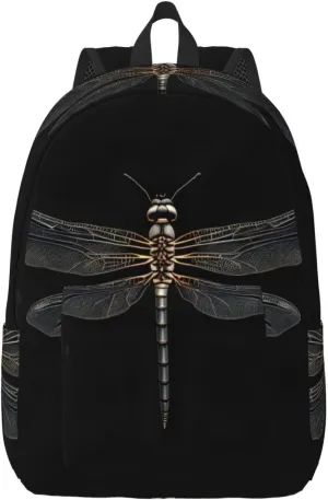 Dragonfly Black Print Canvas Backpack Women,Mens Travel Casual Daypack Bookbag For Laptop Work Travel Hiking