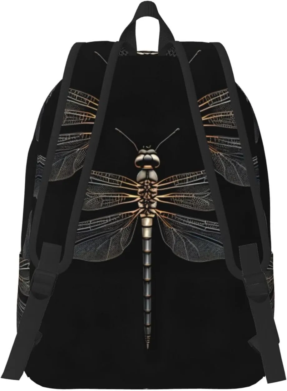 Dragonfly Black Print Canvas Backpack Women,Mens Travel Casual Daypack Bookbag For Laptop Work Travel Hiking