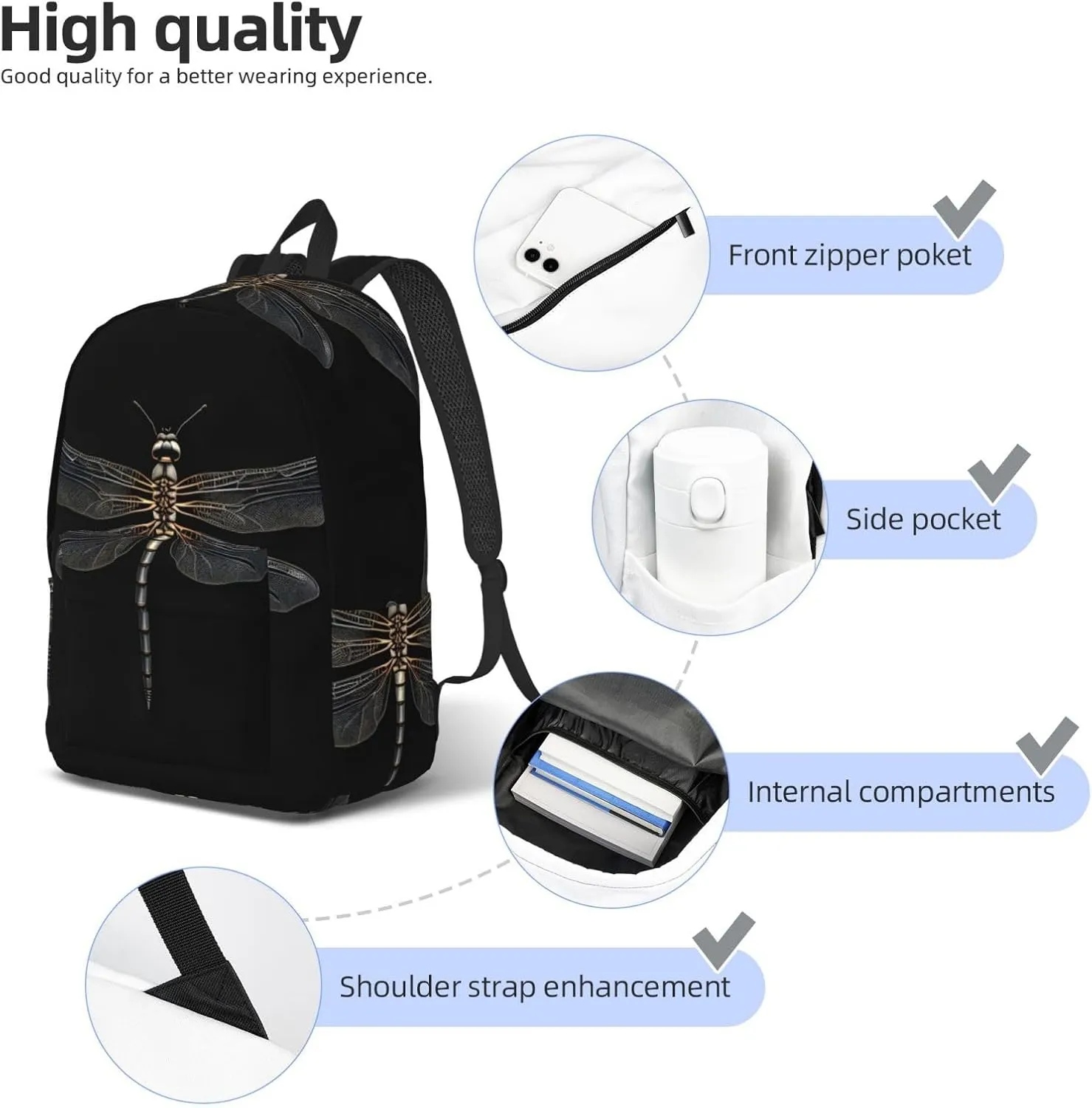Dragonfly Black Print Canvas Backpack Women,Mens Travel Casual Daypack Bookbag For Laptop Work Travel Hiking