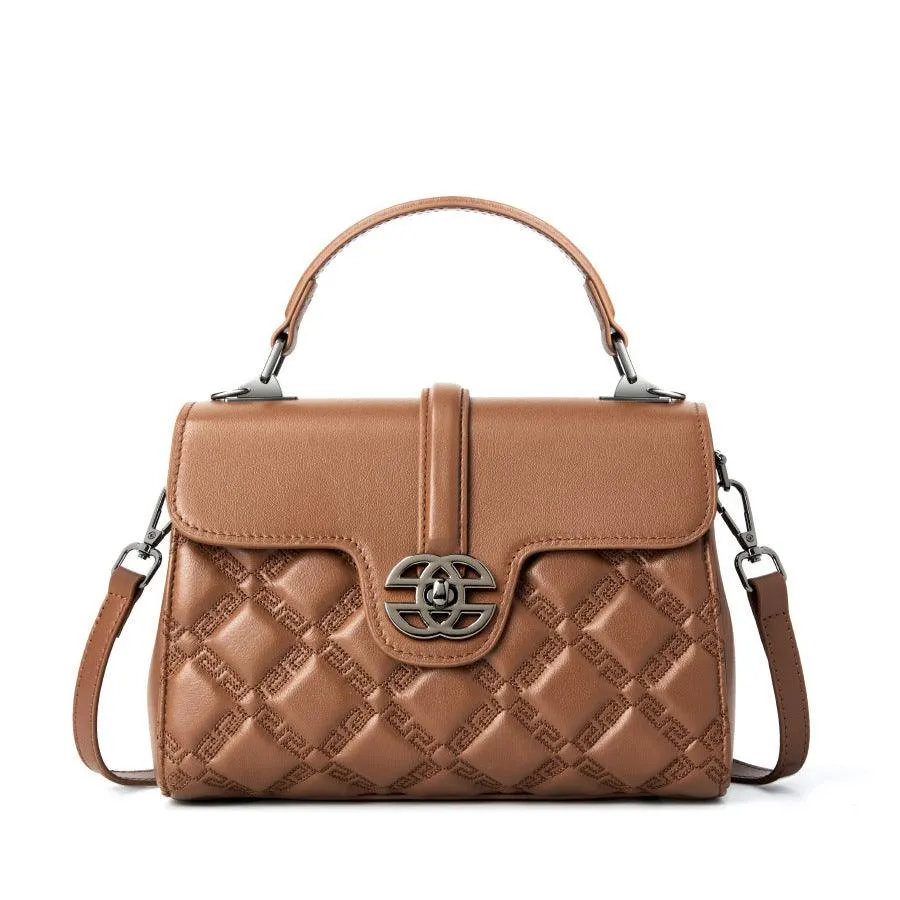 Elegant Genuine Leather Women's Diamond Quilted Handbag, Versatile Cowhide Leather Shoulder Bag for Daily Use