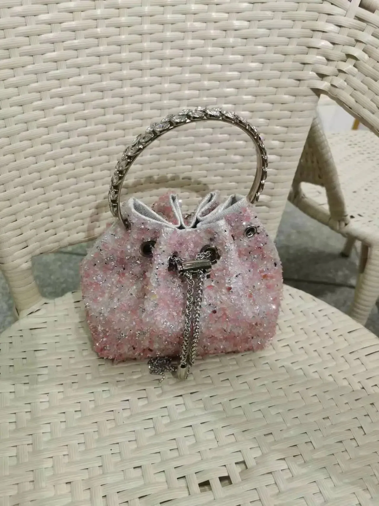Elegant Women's Fashion Bucket Bag with Sparkling Diamond Embroidery - Hard Shell Shoulder Purse