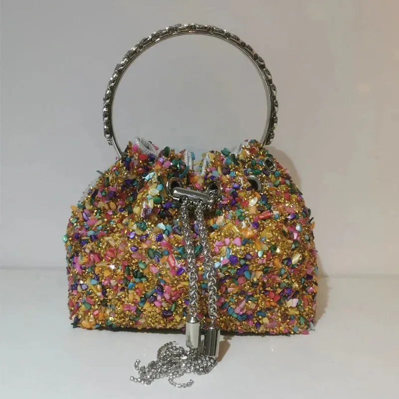 Elegant Women's Fashion Bucket Bag with Sparkling Diamond Embroidery - Hard Shell Shoulder Purse