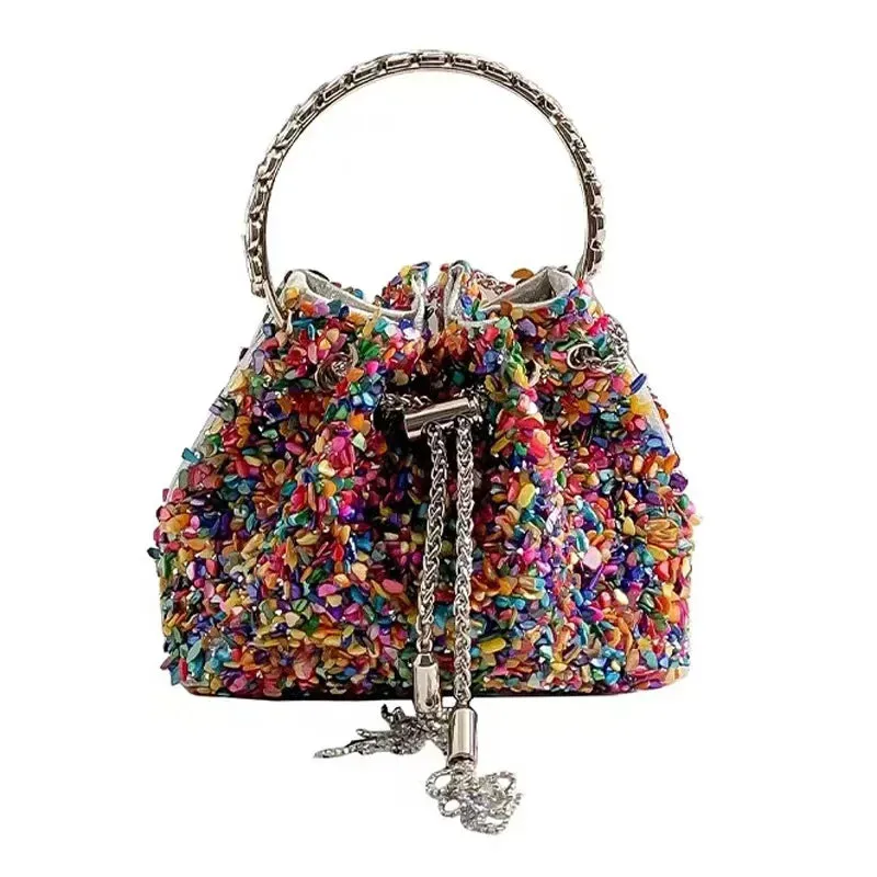 Elegant Women's Fashion Bucket Bag with Sparkling Diamond Embroidery - Hard Shell Shoulder Purse