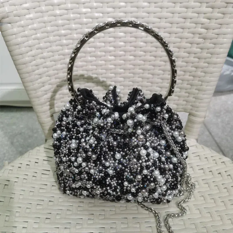 Elegant Women's Fashion Bucket Bag with Sparkling Diamond Embroidery - Hard Shell Shoulder Purse