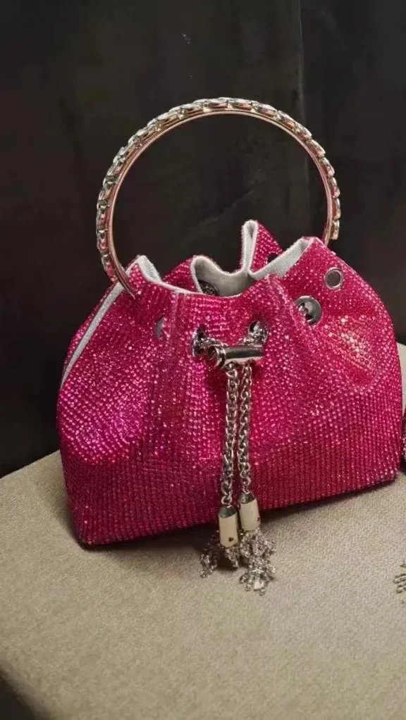 Elegant Women's Fashion Bucket Bag with Sparkling Diamond Embroidery - Hard Shell Shoulder Purse