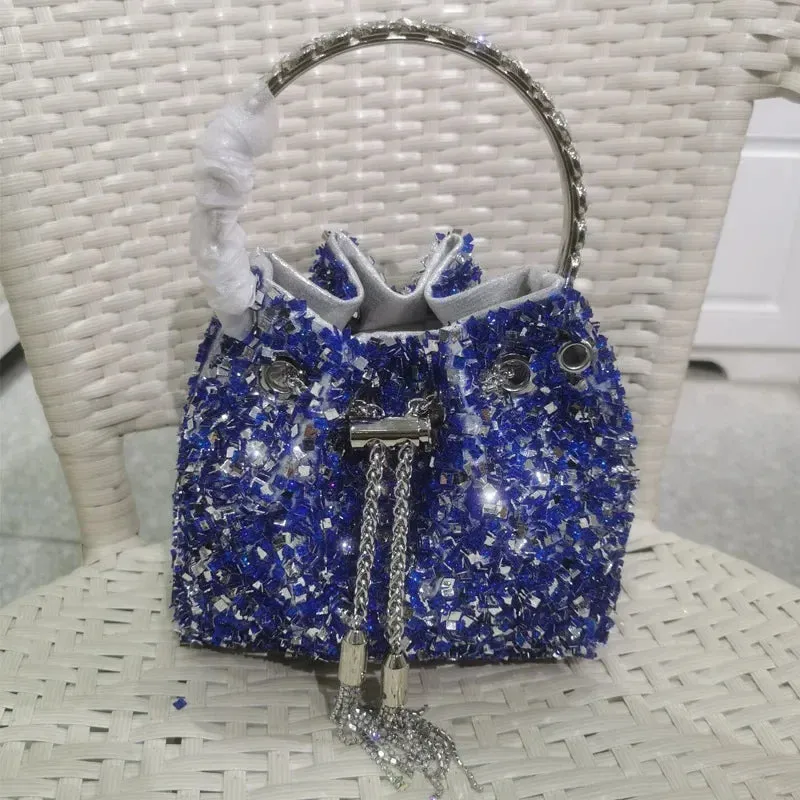 Elegant Women's Fashion Bucket Bag with Sparkling Diamond Embroidery - Hard Shell Shoulder Purse