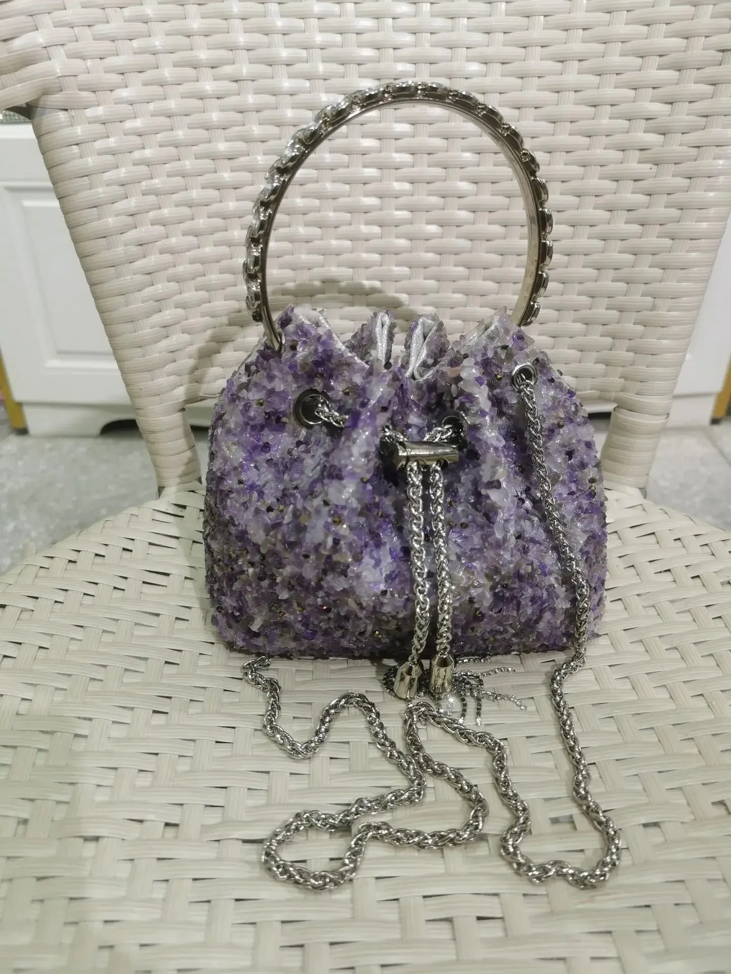 Elegant Women's Fashion Bucket Bag with Sparkling Diamond Embroidery - Hard Shell Shoulder Purse