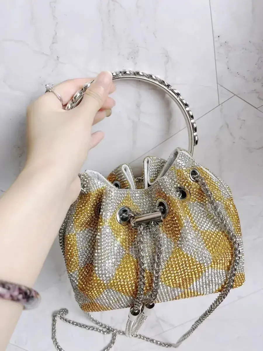 Elegant Women's Fashion Bucket Bag with Sparkling Diamond Embroidery - Hard Shell Shoulder Purse