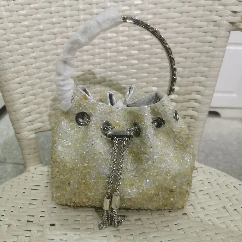 Elegant Women's Fashion Bucket Bag with Sparkling Diamond Embroidery - Hard Shell Shoulder Purse
