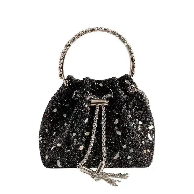 Elegant Women's Fashion Bucket Bag with Sparkling Diamond Embroidery - Hard Shell Shoulder Purse