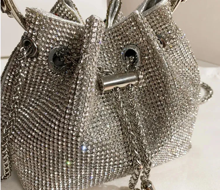 Elegant Women's Fashion Bucket Bag with Sparkling Diamond Embroidery - Hard Shell Shoulder Purse