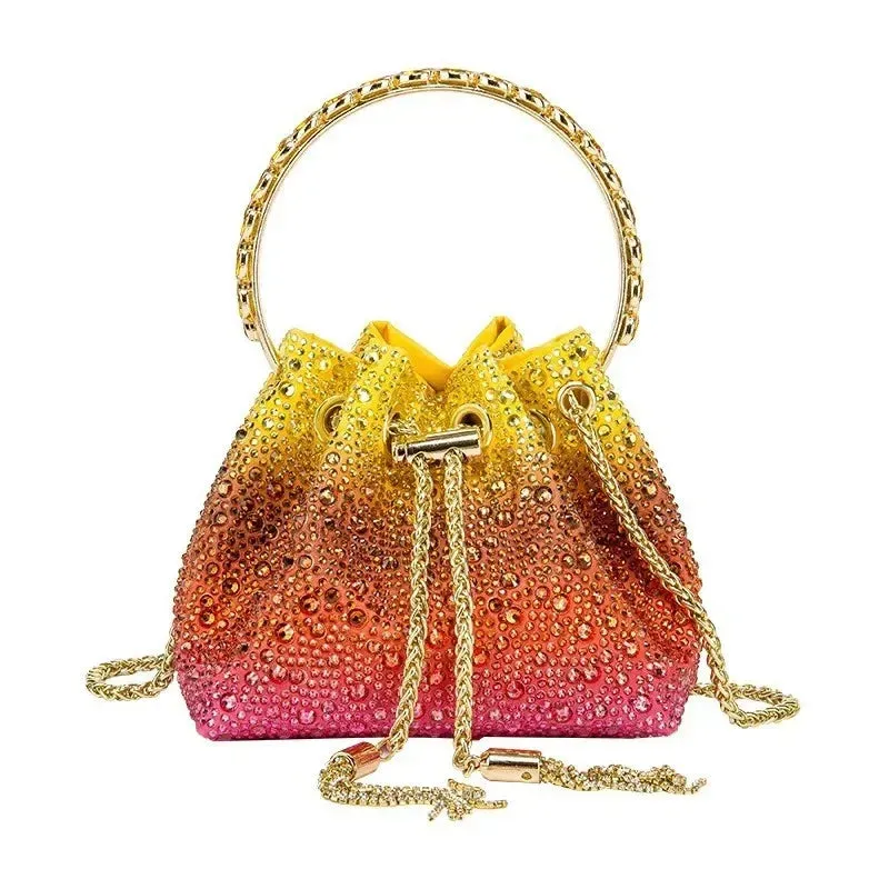 Elegant Women's Fashion Bucket Bag with Sparkling Diamond Embroidery - Hard Shell Shoulder Purse