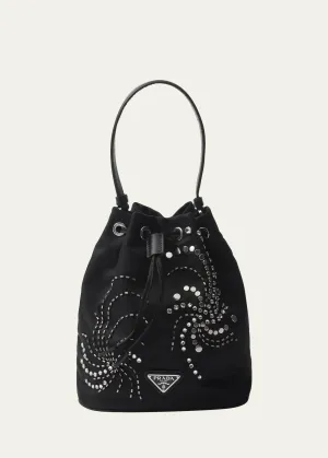 Embellished Drawstring Nylon Bucket Bag