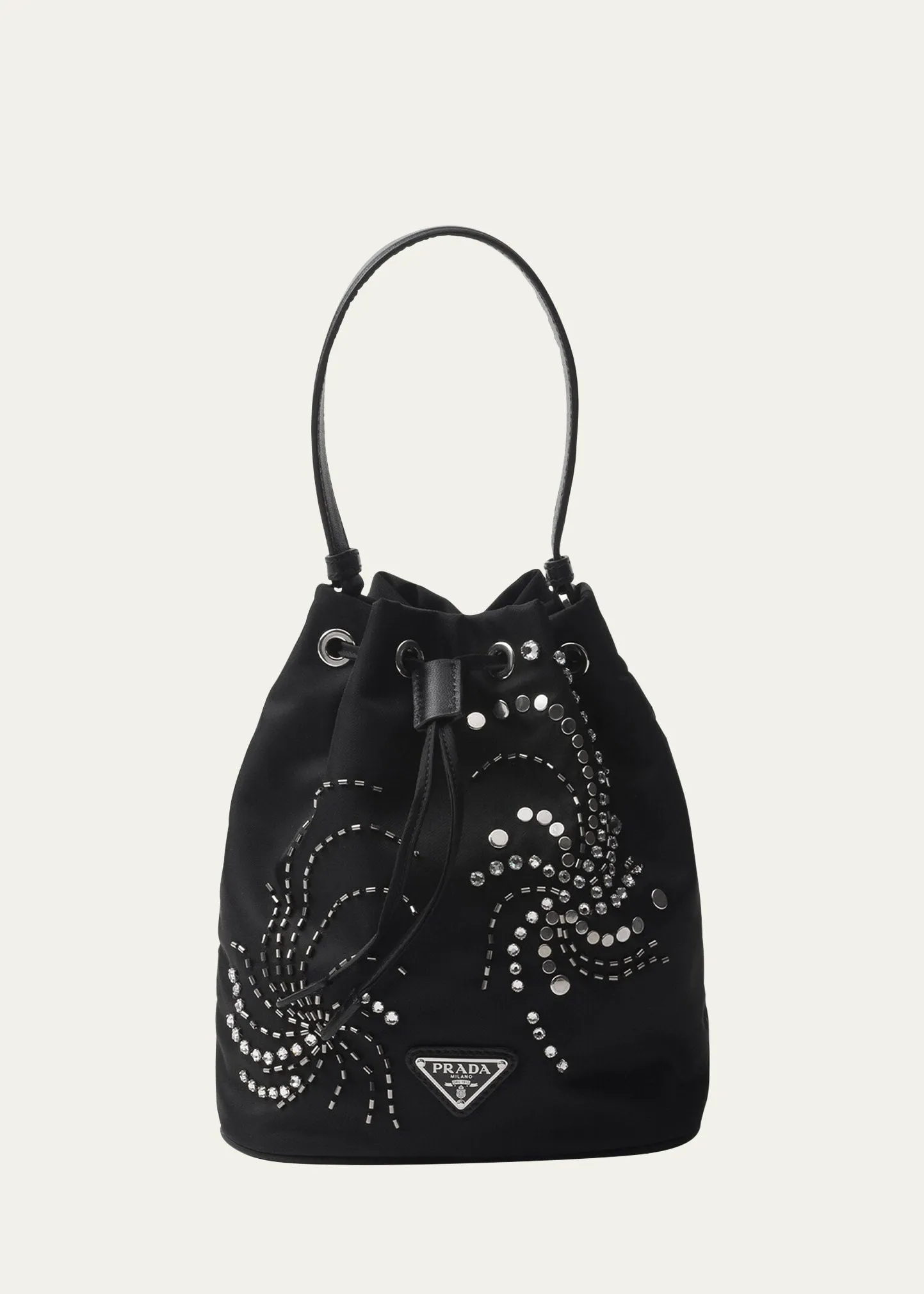 Embellished Drawstring Nylon Bucket Bag