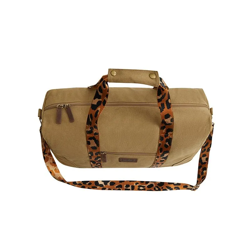 Escape Classic Canvas Weekender Bag With Animal Print Straps | Light Brown