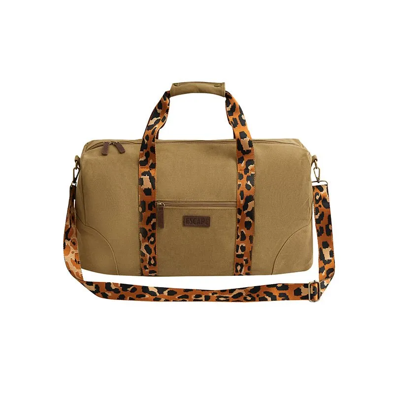 Escape Classic Canvas Weekender Bag With Animal Print Straps | Light Brown