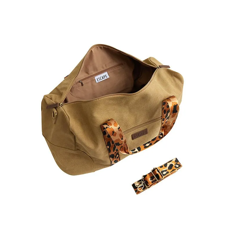 Escape Classic Canvas Weekender Bag With Animal Print Straps | Light Brown