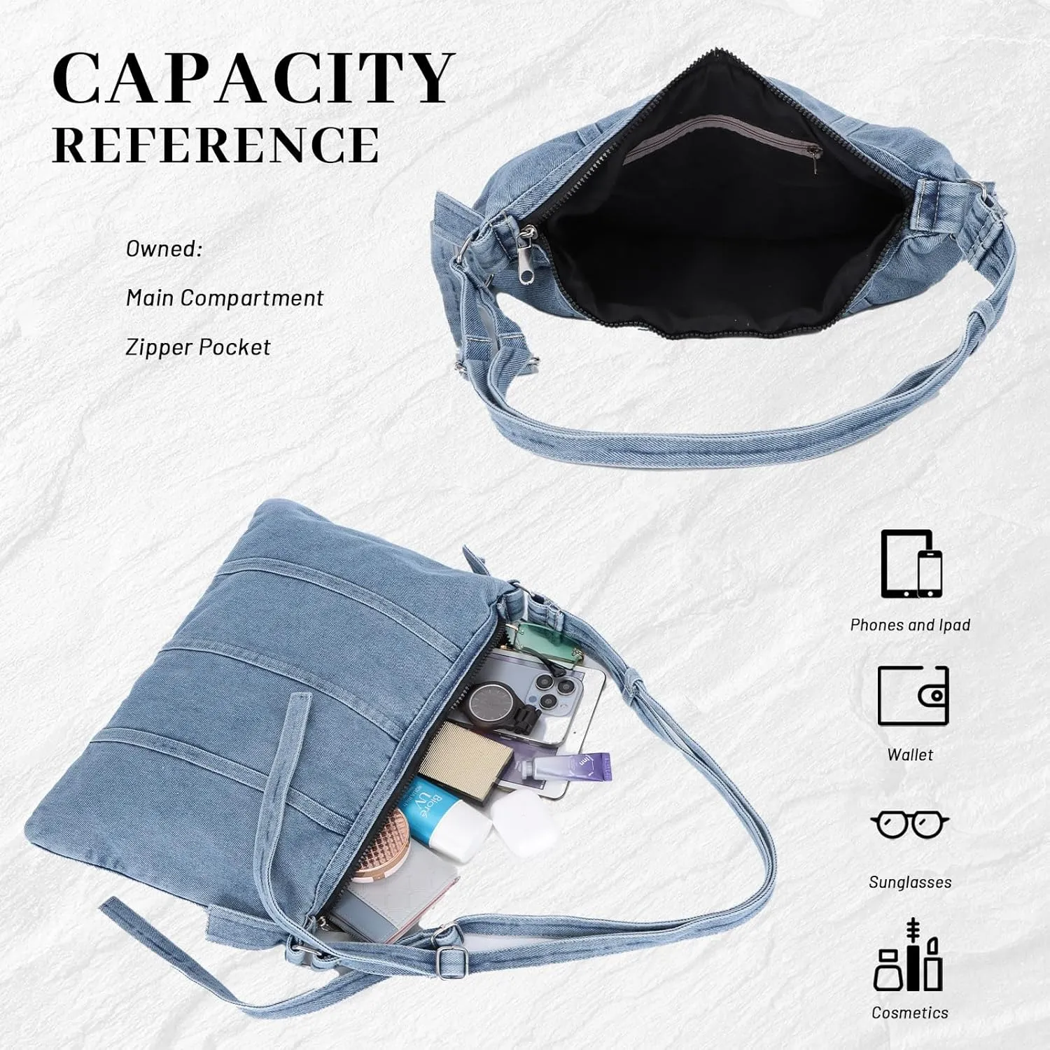 EVEOUT Denim Shoulder Bags Vintage Denim Tote Bag Shoulder Bags Jeans Shopper Handbags with Straps, lightblue, Retro