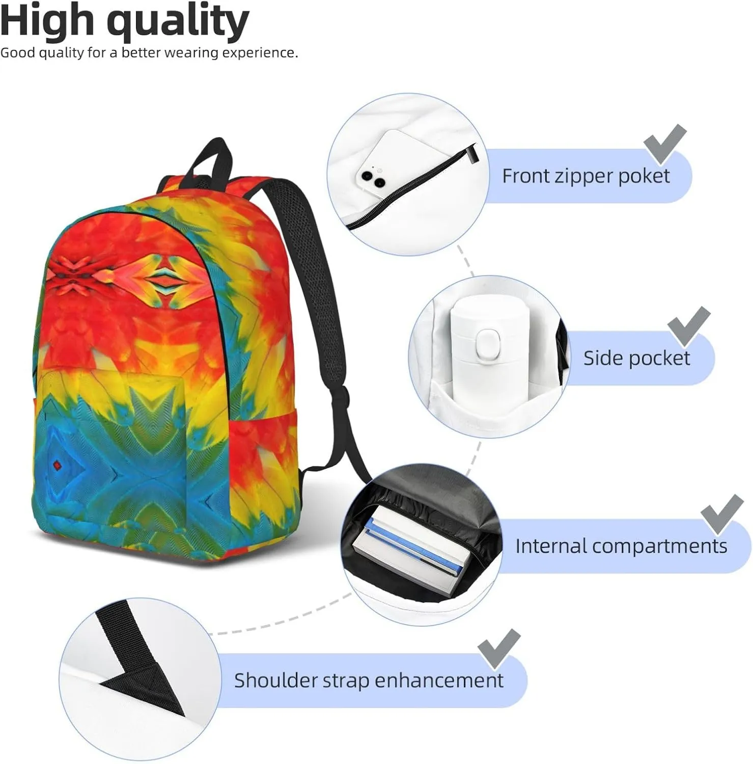 Fantastic Parrot Feather Print Canvas Backpack Women,Mens Travel Casual Daypack Bookbag For Laptop Work Travel Hiking