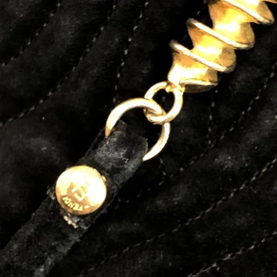 Fendi, black quilted suede with a 'pasta' or 'noodle' design, two way, sling style- clutch or cross body bag with gold 'pasta' accent beads