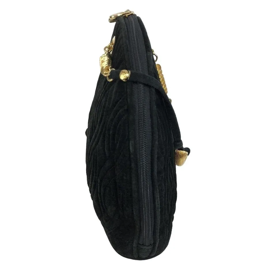 Fendi, black quilted suede with a 'pasta' or 'noodle' design, two way, sling style- clutch or cross body bag with gold 'pasta' accent beads