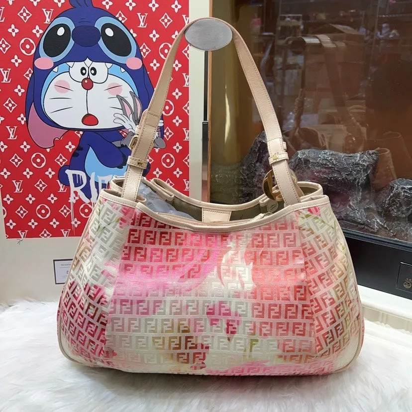 Fendi Pink Multicolor Zucca Print Canvas Hobo Bag Large