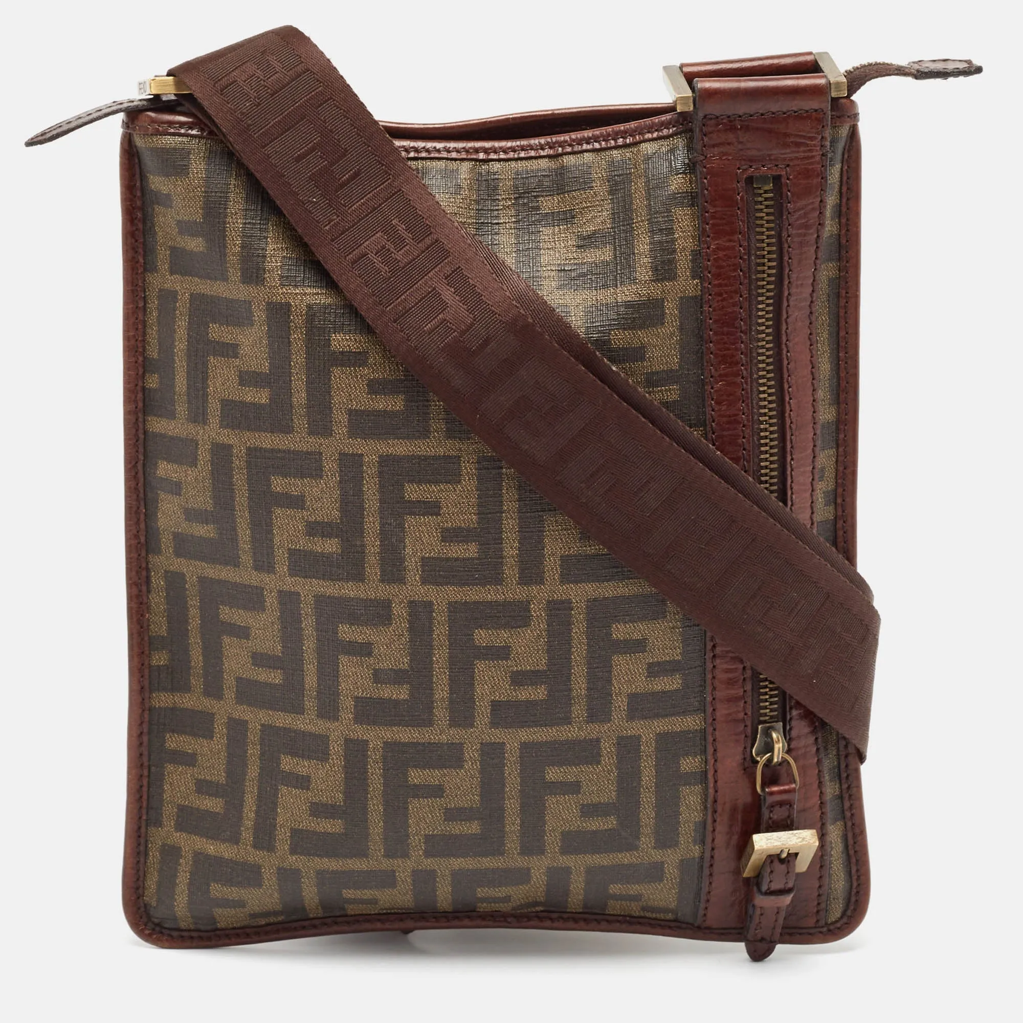 Fendi Zucca Coated Canvas And Leather Flat Messenger Bag