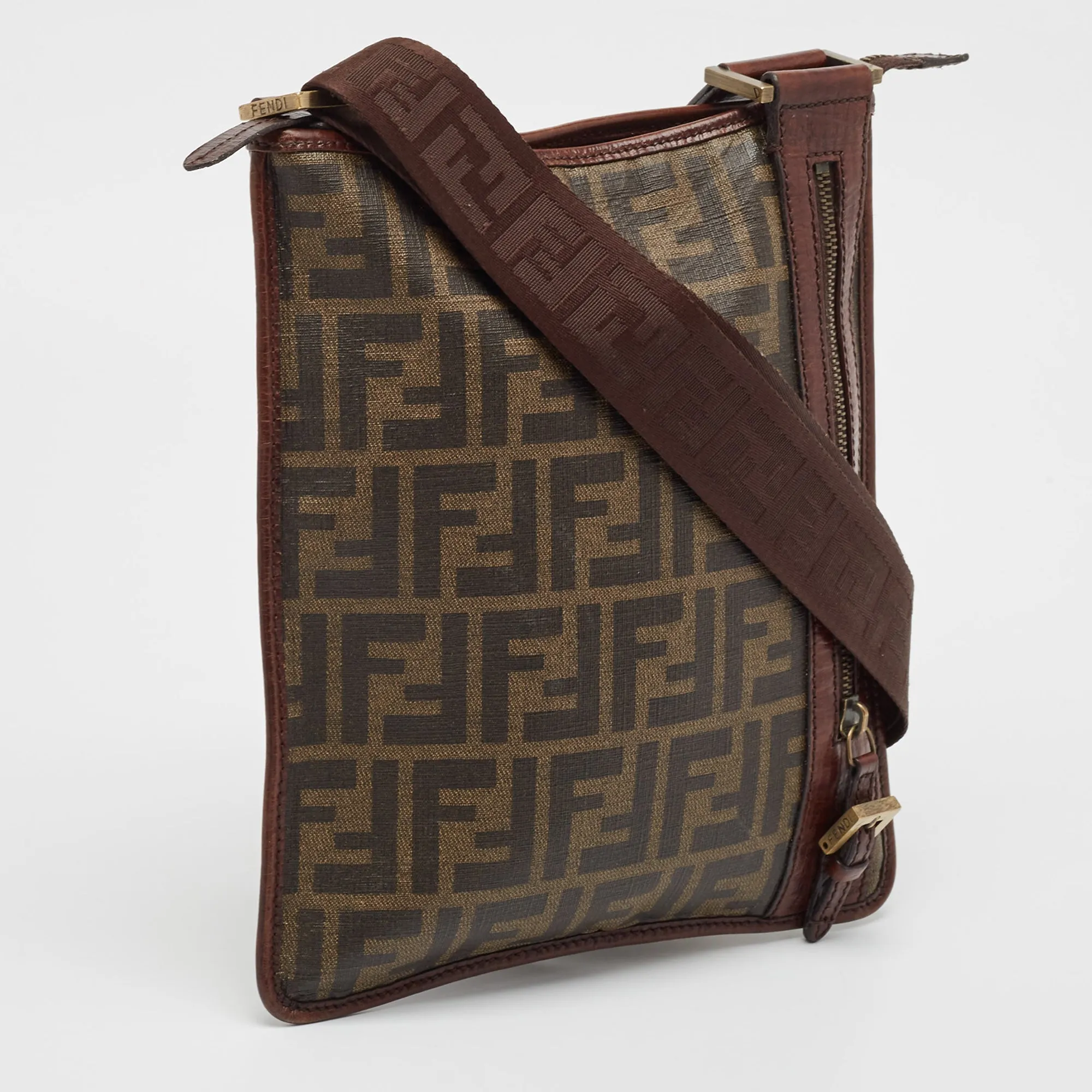 Fendi Zucca Coated Canvas And Leather Flat Messenger Bag