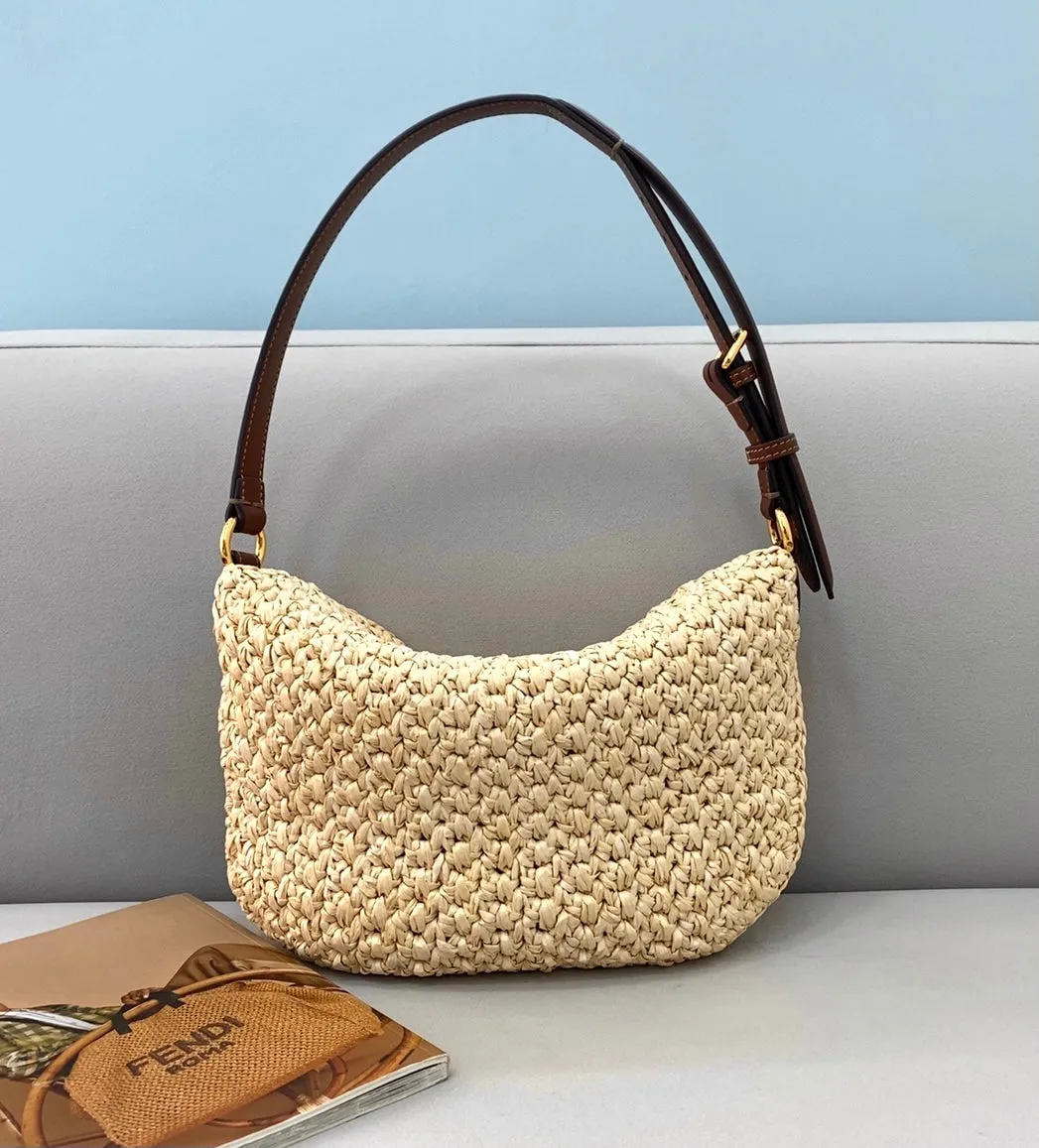 FI Small Croissant Hobo Bag Raffia For Women, Women&#8217;s Handbags, Shoulder Bags 11.4in/29cm FF 8BR790AFGJF1E1B