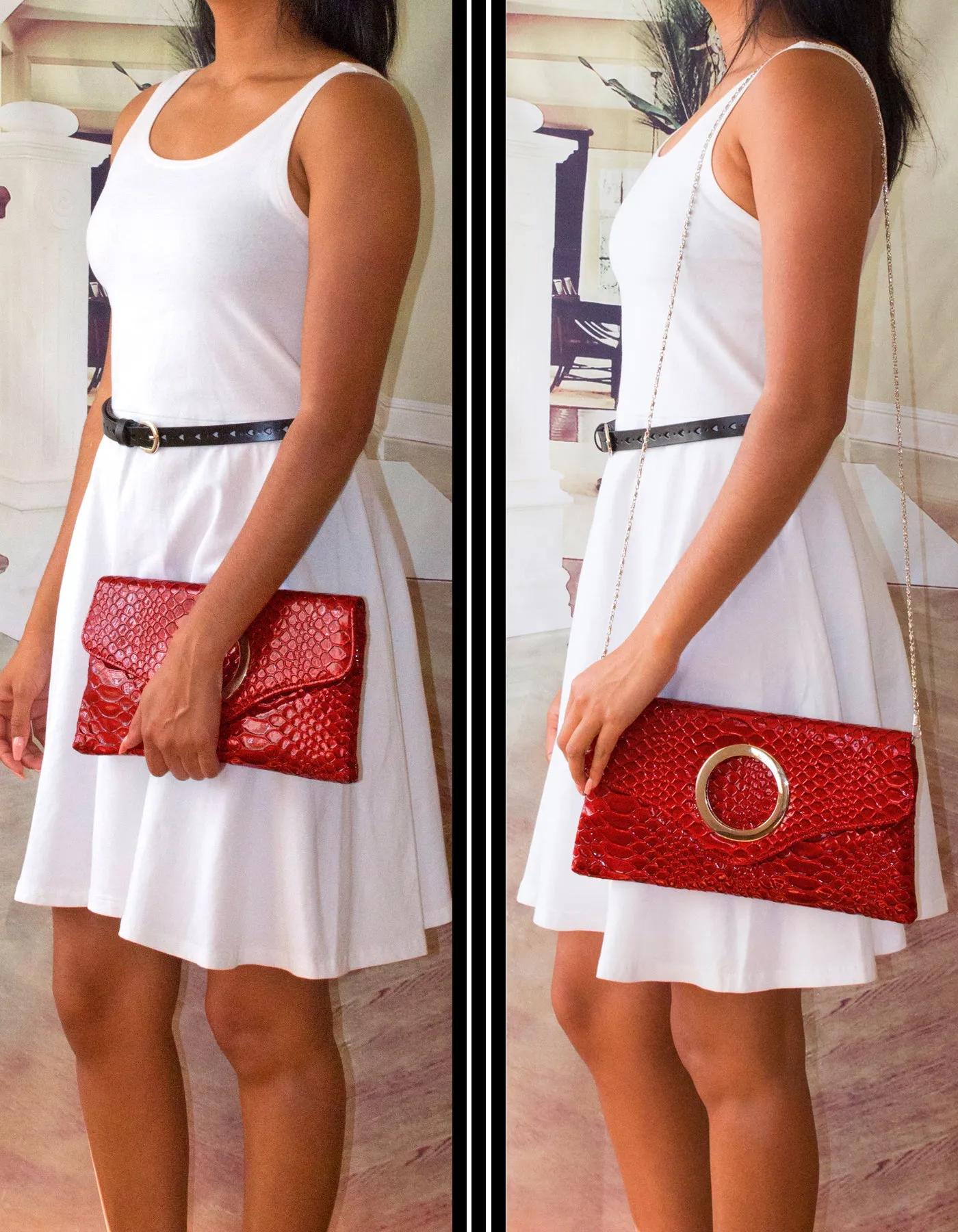Fino RF-06 Faux Patent Crocodile Faux Leather Clutch Bag with Chain
