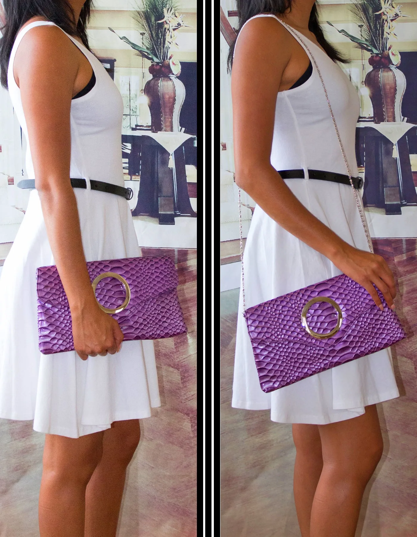 Fino RF-06 Faux Patent Crocodile Faux Leather Clutch Bag with Chain