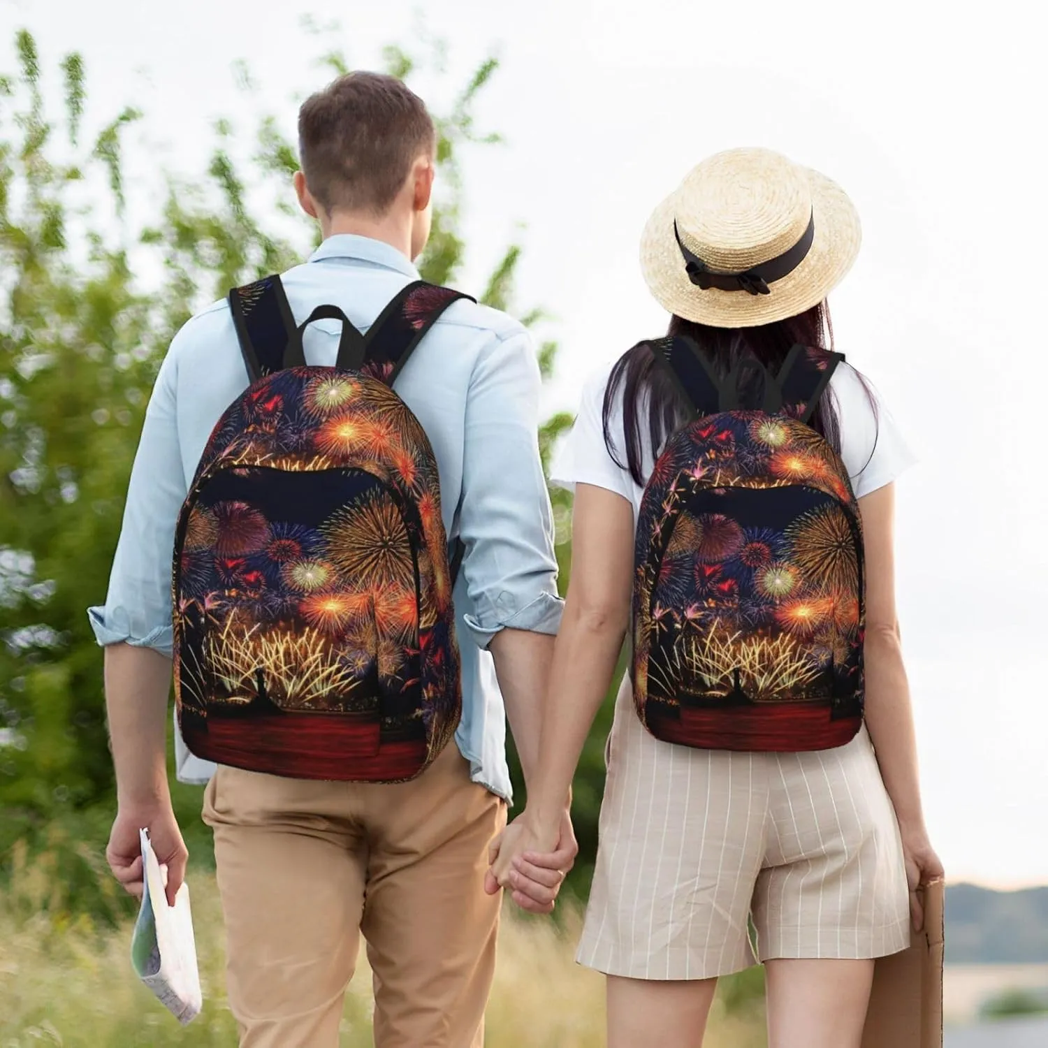 Fireworks Print Canvas Backpack Women,Mens Travel Casual Daypack Bookbag For Laptop Work Travel Hiking