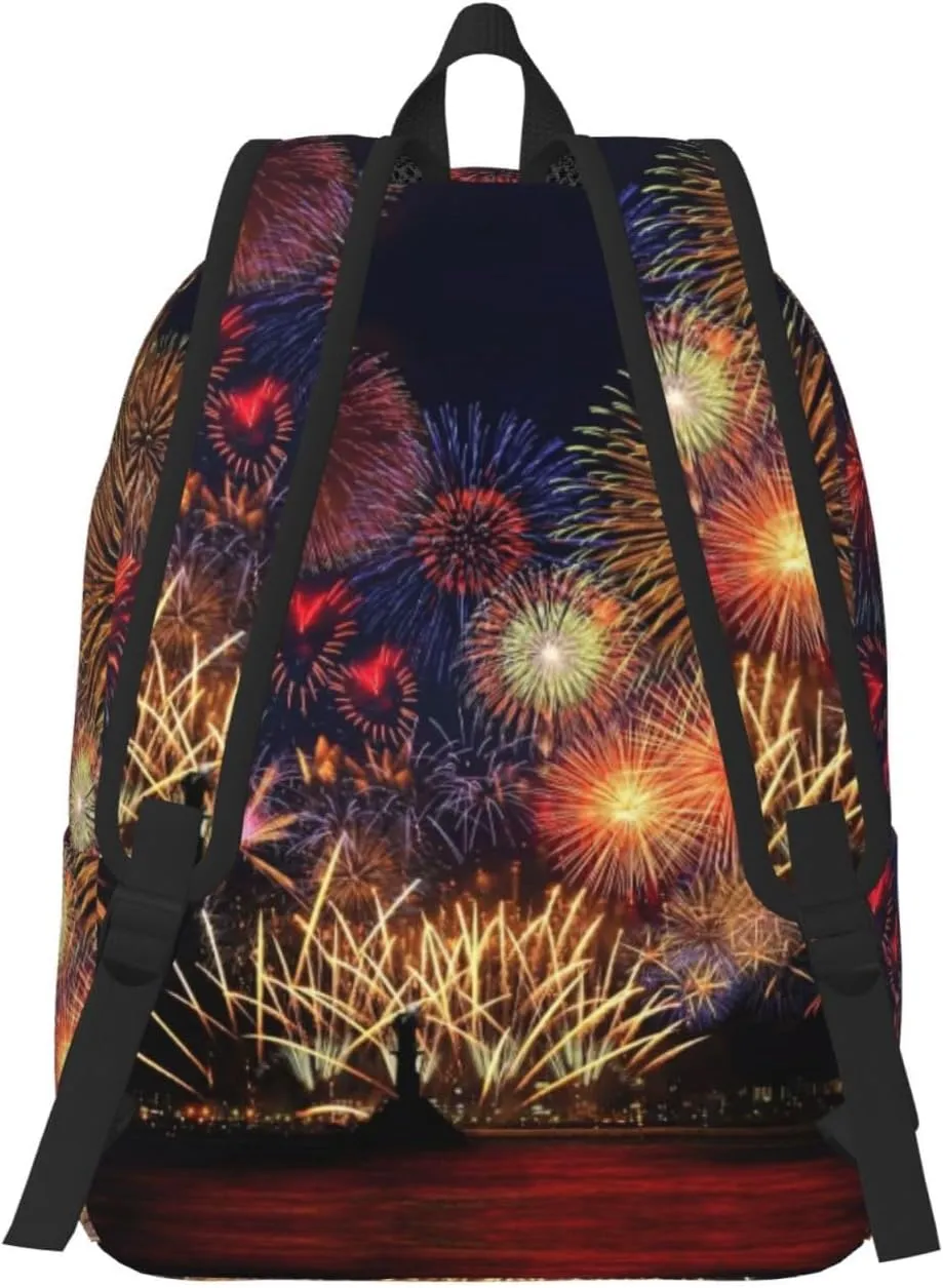 Fireworks Print Canvas Backpack Women,Mens Travel Casual Daypack Bookbag For Laptop Work Travel Hiking