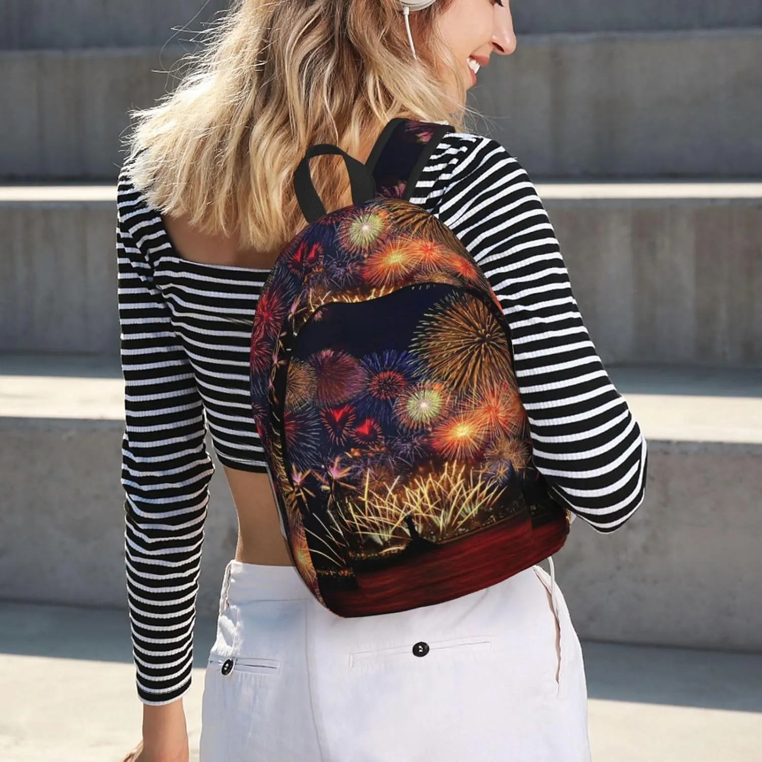 Fireworks Print Canvas Backpack Women,Mens Travel Casual Daypack Bookbag For Laptop Work Travel Hiking