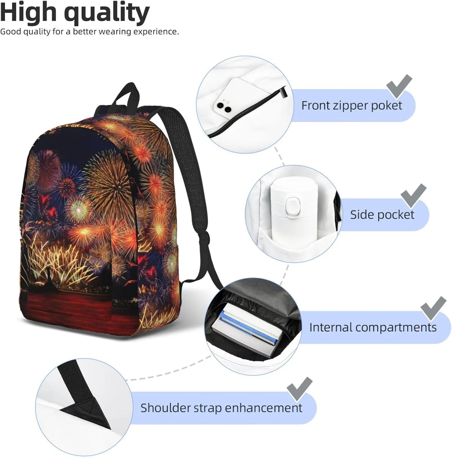 Fireworks Print Canvas Backpack Women,Mens Travel Casual Daypack Bookbag For Laptop Work Travel Hiking