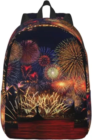Fireworks Print Canvas Backpack Women,Mens Travel Casual Daypack Bookbag For Laptop Work Travel Hiking