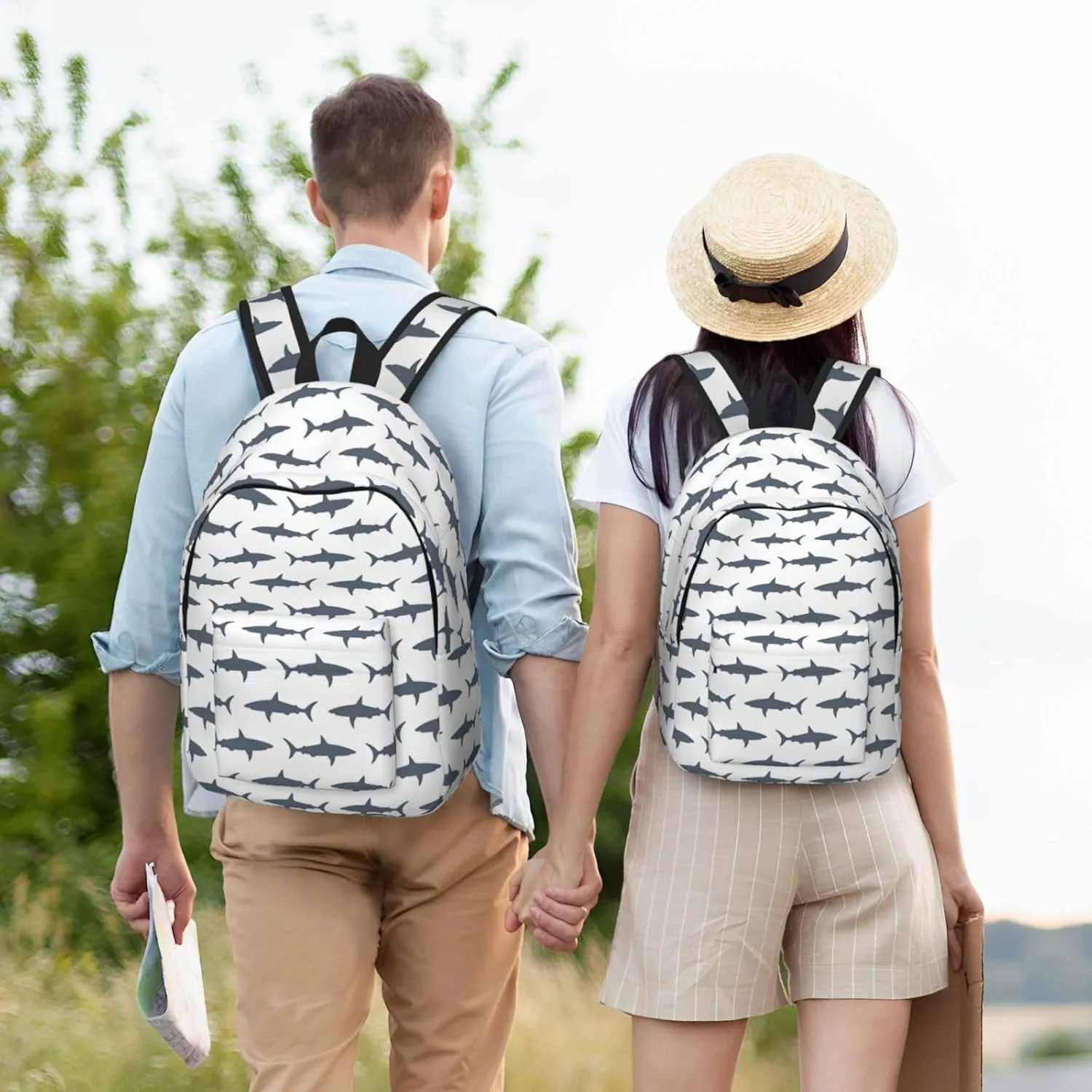 Fish And Shark Print Canvas Backpack Women,Mens Travel Casual Daypack Bookbag For Laptop Work Travel Hiking